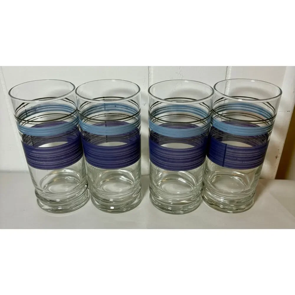 Vintage - Libbey Pfaltzgraff- Blue/Purple Banded Tumbler Glasses - Set of 4